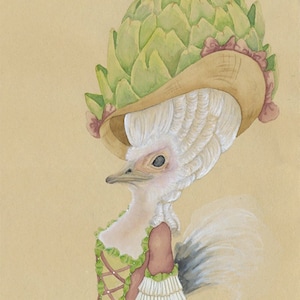 Pintura de avestruz con la letra A, alcachofa, regalo, decoración rústica de aves, estilo cottagecore, alfabeto francés, arte de 5 x 7, 8 x 10, 11 x 14 María Antonieta
