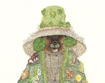 Impressão de pintura em aquarela de castor Tlingit, planta lírio-d'água, decoração botânica, pintura de animal, presente de castor, impressão de pintura da natureza, animais da floresta