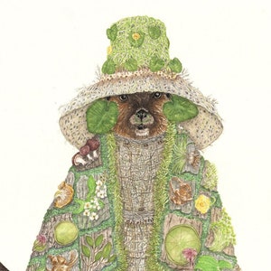 A watercolor painting of a beaver dressed in traditional Tlingit robes made of native aquatic plants and tree branches.