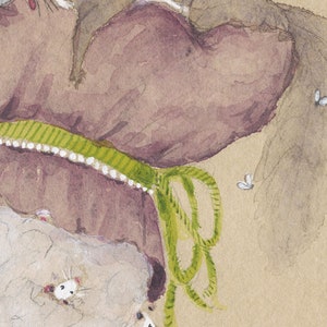 May include: A watercolor painting of a sleeping brown squirrel on a purple and green hat with white beads. The hat is on a brown background with white and gray mice.
