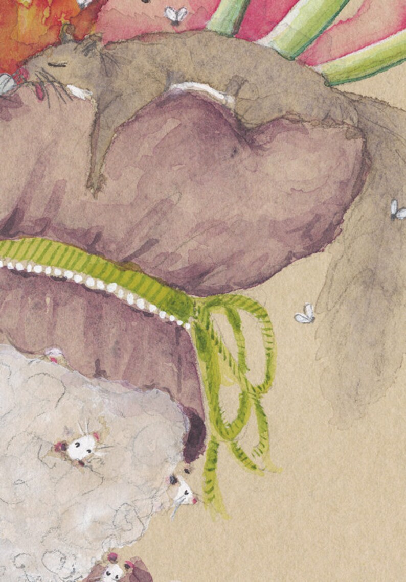 May include: A watercolor painting of a sleeping brown squirrel on a purple and green hat with white beads. The hat is on a brown background with white and gray mice.