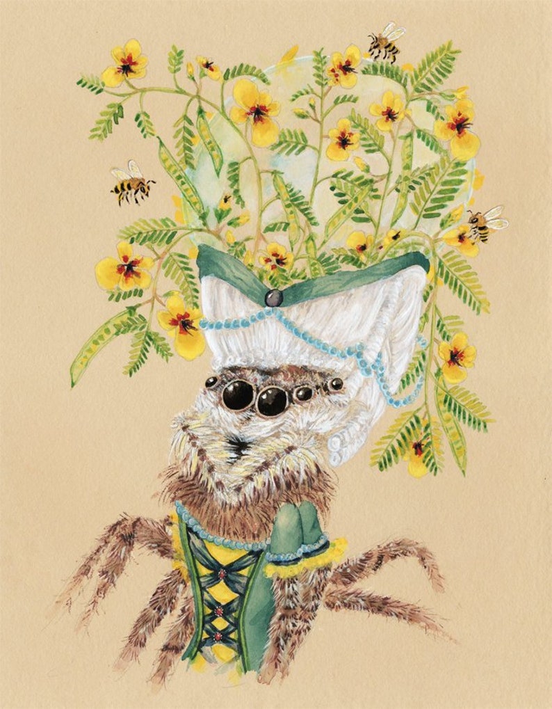 Arachnid Jumping Spider Print for Spider Lover Art Bee Art Pretty Spider Gift Spider and Flower Print Entomology Gift Nature Wildflower Gift image 1