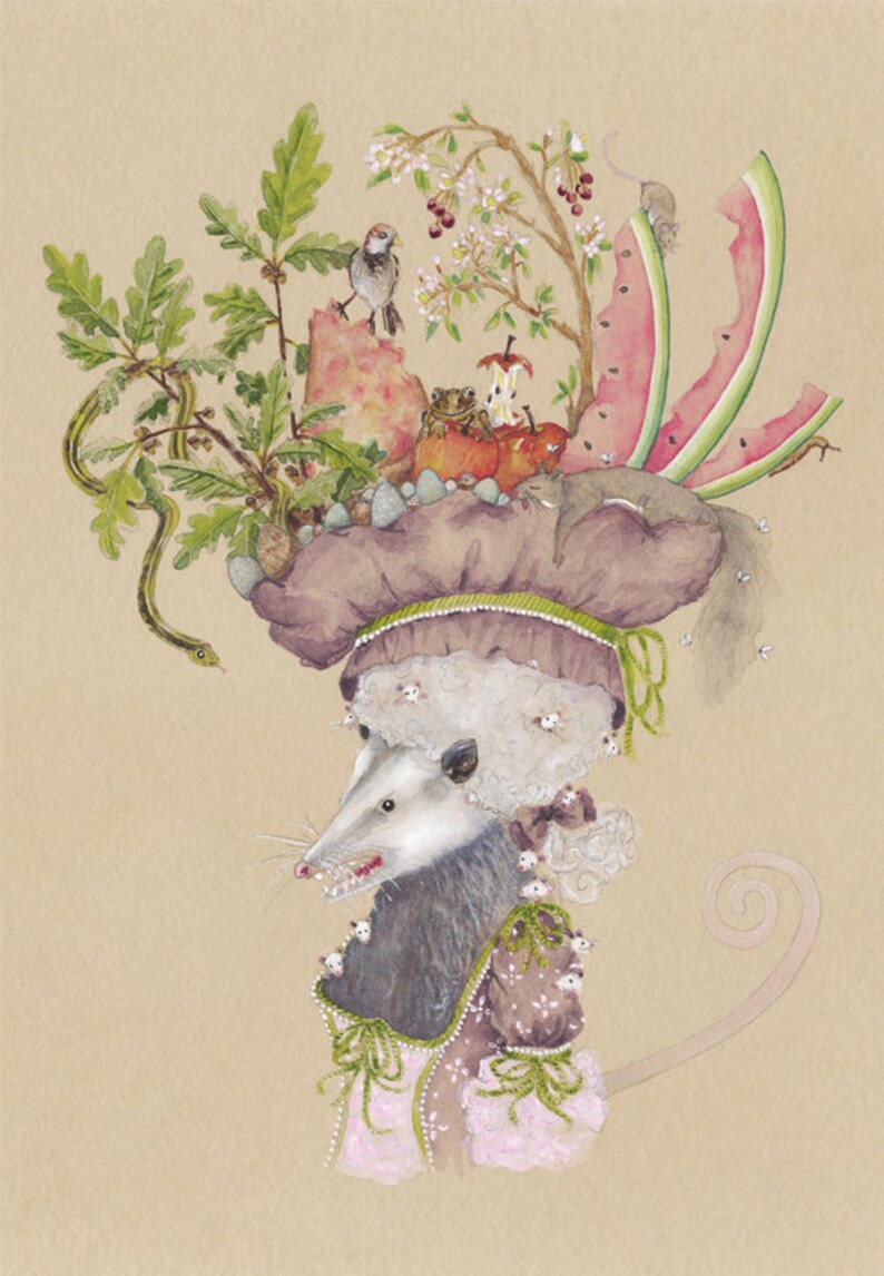 May include: A watercolor painting of an opossum wearing a large, elaborate hat adorned with a variety of natural elements, including leaves, flowers, fruit, and a snake. The opossum is wearing a pink and brown dress with green ribbons and pearls.