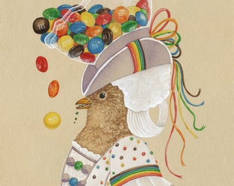 Convites com tema de M&M's, cartões de agradecimento com tema de chocolate, cartões para chá de bebê com tema de arco-íris, cartões com tema de pássaros coloridos, cartões inspirados em Maria Antonieta.