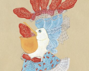 Arte de pelicano em forma de peixe de goma, disponível em 3 tamanhos de impressão.