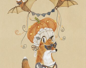 Halloween Fox & Bat Print, Rococo Masquerade Ball Art