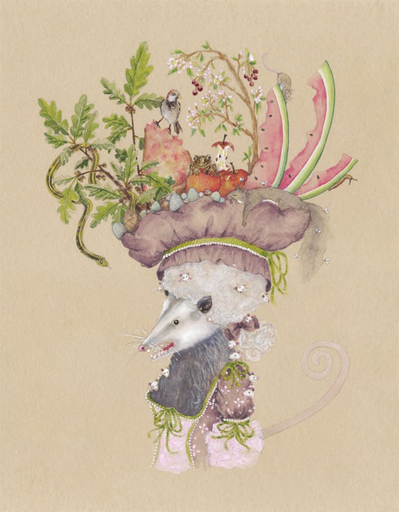 May include: A watercolor painting of an opossum wearing a large, elaborate hat adorned with a variety of natural elements, including a snake, a bird, a tree, and fruit. The opossum has a surprised expression on its face.