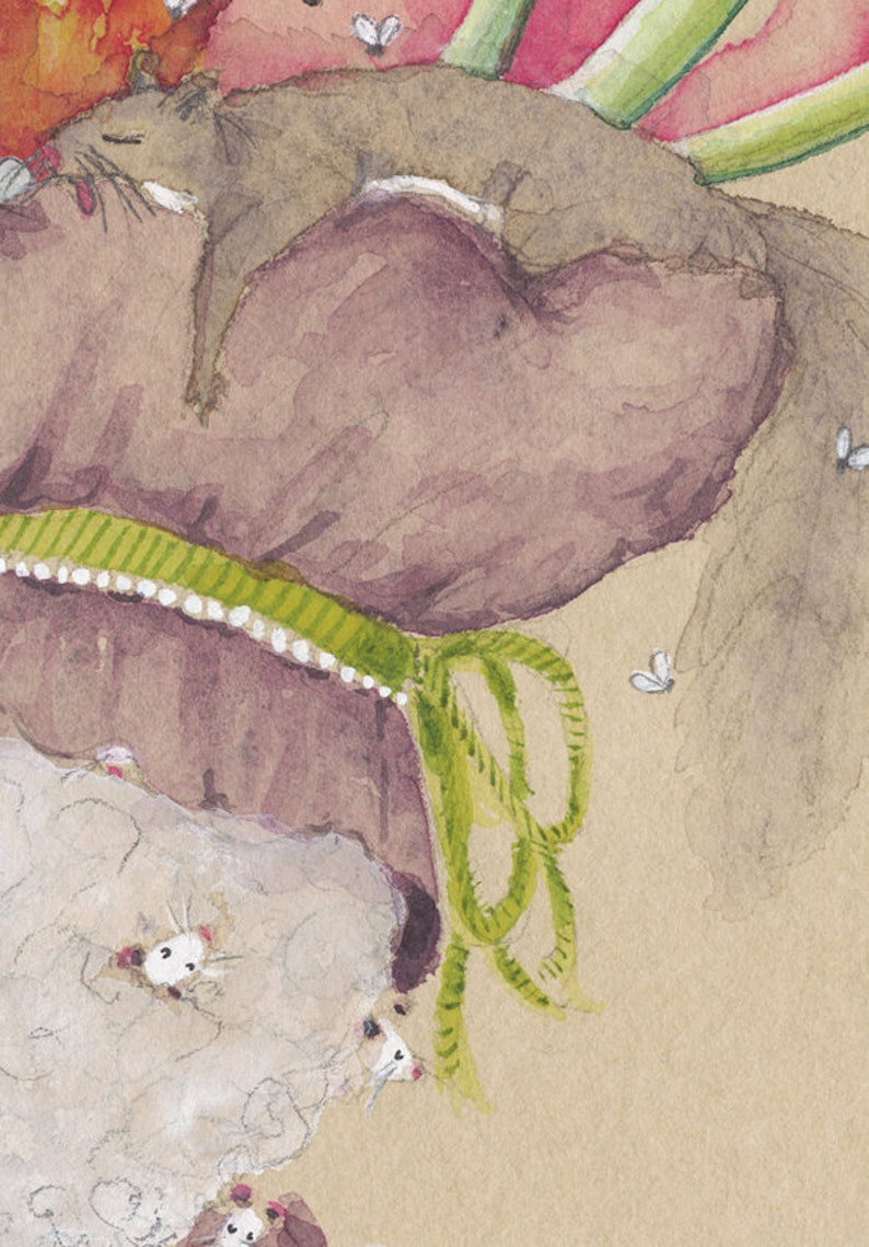 May include: A watercolor painting of a sleeping brown squirrel on a purple and green hat with white beads. The hat is on a brown background with white flies.