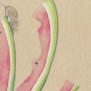 May include: A watercolor painting of a mouse climbing on a watermelon rind. The rind is green and pink and has been cut into several pieces. The mouse is brown and has a long tail.