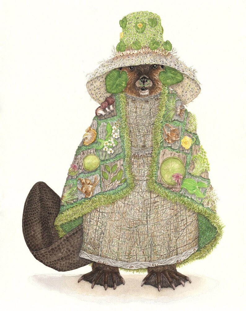 A watercolor painting of a beaver dressed in traditional Tlingit robes made of native aquatic plants and tree branches.