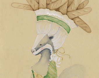 Badger Painting, Bakery Art Baguette Gift, Letter B Cottagecore Bread Gift for Baker, Rustic Woodland Animal Decor, French Marie Antoinette