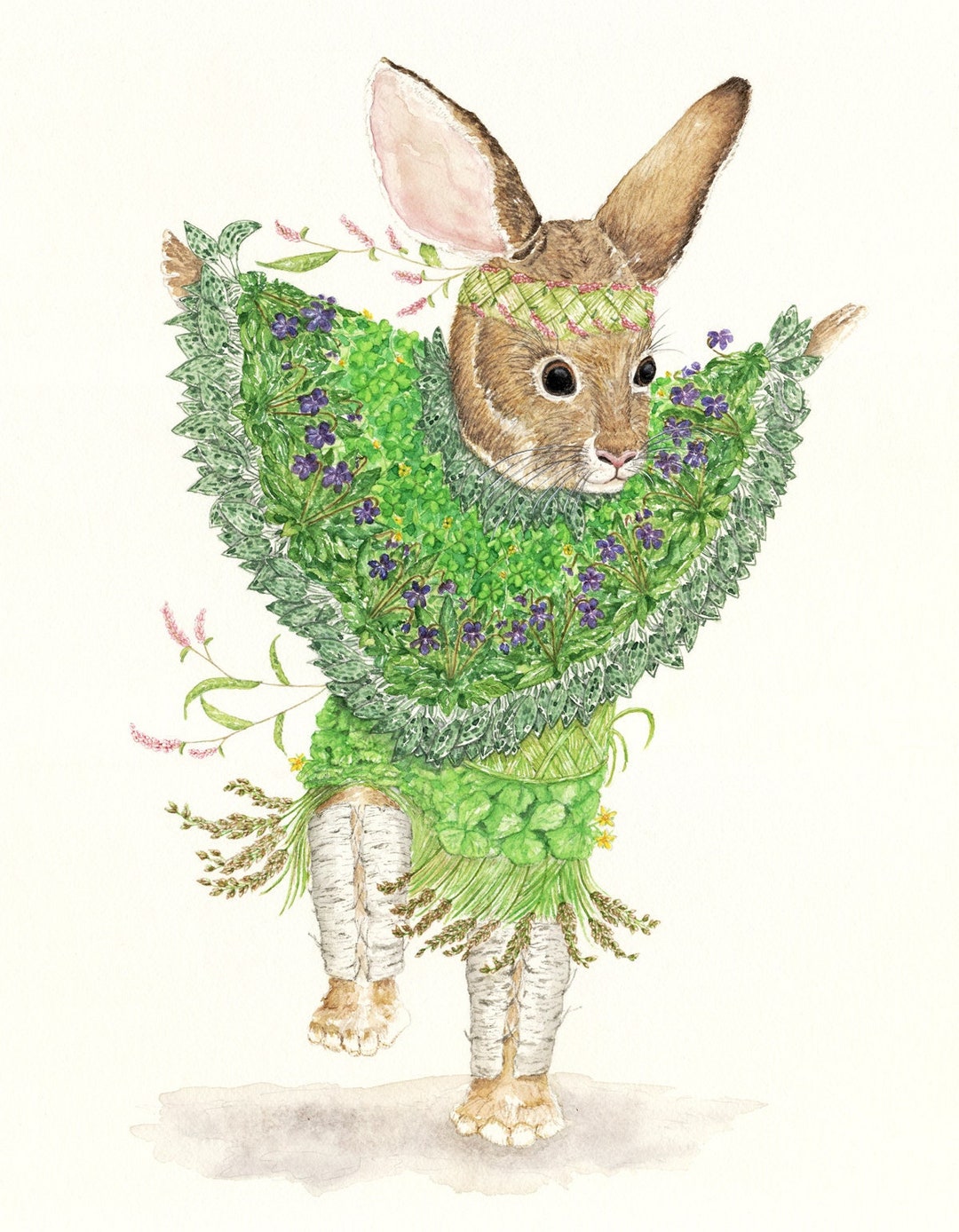 New England Rabbit Native American Dancer Botanical Decor Bunny Print