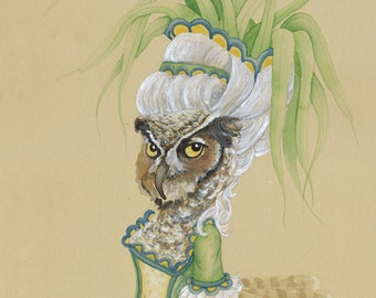 Pintura de coruja, presente rústico de coruja, letra H do alfabeto francês, presente de vagem para observador de pássaros, decoração campestre estilo casa de campo, Maria Antonieta