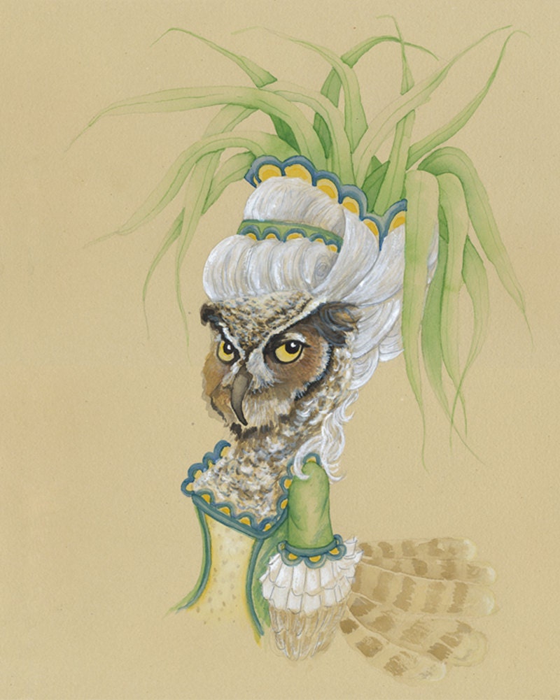 Owl Painting, Rustic Owl Gift, French Animal Alphabet Letter H, Green Beans Gift for Birder, Cottage