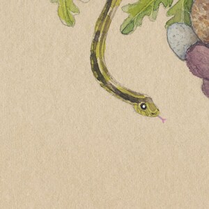 May include: A green snake with black stripes is curled around a branch of green leaves. The snake is looking at the viewer with its tongue sticking out. The background is a light brown.