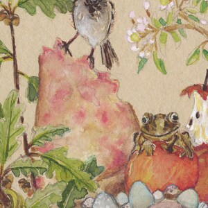 May include: A watercolor painting of a sparrow perched on a rock, a frog sitting on an apple, and a branch with green leaves and pink flowers. The background is a light brown paper.