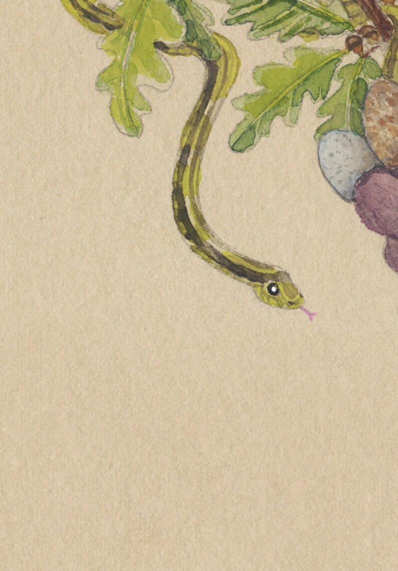 May include: A green snake with black stripes is curled around a branch of green leaves. The snake is looking at the viewer with its tongue out. The background is a light brown.