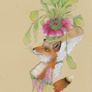 Alfabeto animal francés Letra R Renard et les Radis Pintura de zorro y rábano Decoración vegetal Regalo de María Antonieta Guardería de animales del bosque
