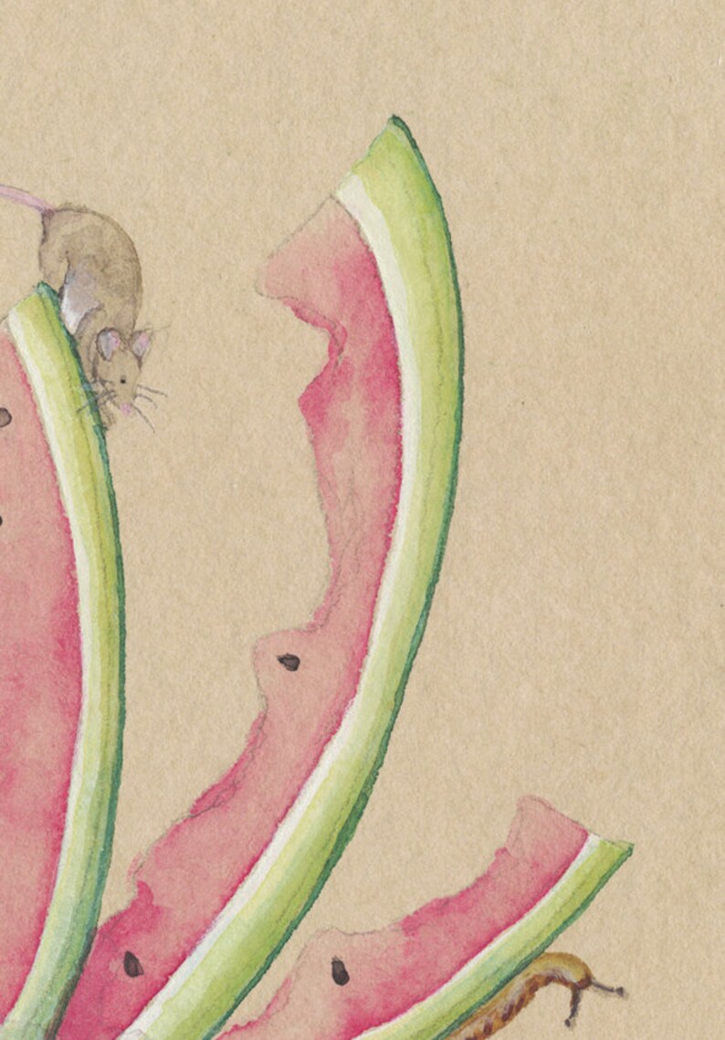 May include: A watercolor painting of a mouse climbing on a watermelon rind. The rind is green and pink and has been cut into several pieces. The mouse is brown and has a long tail.