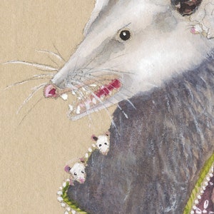 May include: A watercolor painting of a possum with a white fluffy coat and a pink nose. The possum is wearing a green and pink dress with white beads. The possum has its mouth open and is showing its teeth. There are three baby possums peeking out from the dress.