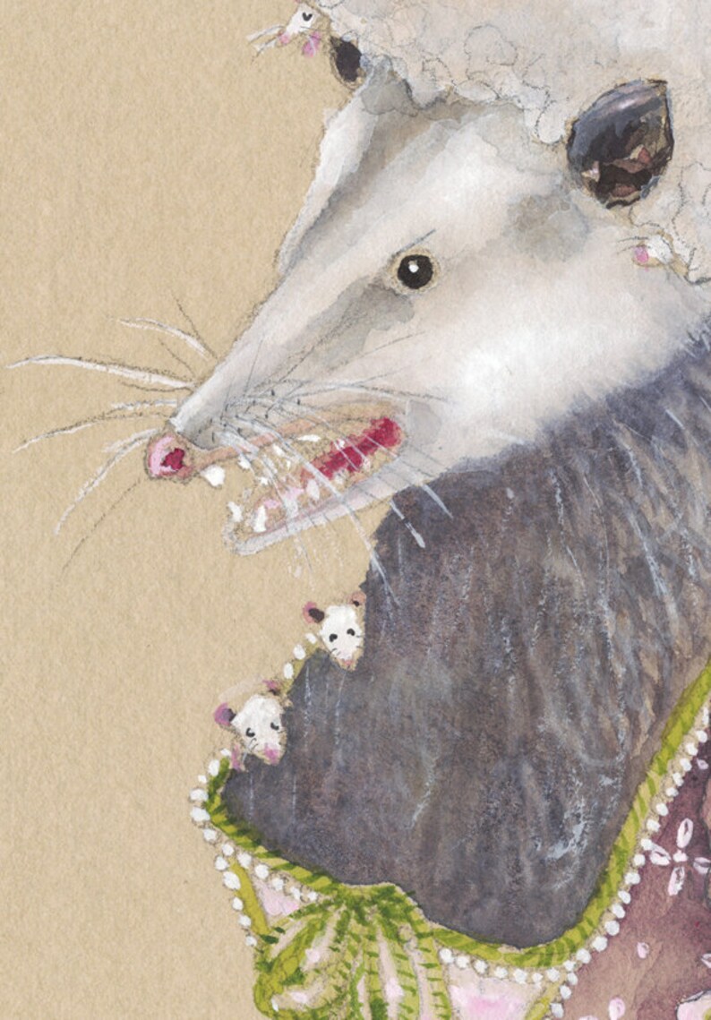 May include: A watercolor painting of a possum with a white fluffy coat and a pink nose. The possum is wearing a green and pink dress with white beads. The possum has its mouth open and is showing its teeth. There are three baby possums peeking out from the dress.