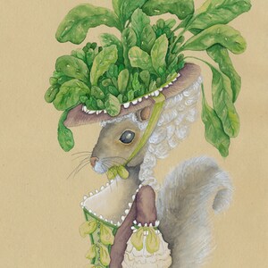 May include: A watercolor painting of a squirrel wearing a brown hat with green leafy plants growing out of it. The squirrel is wearing a brown and white dress with a white wig.
