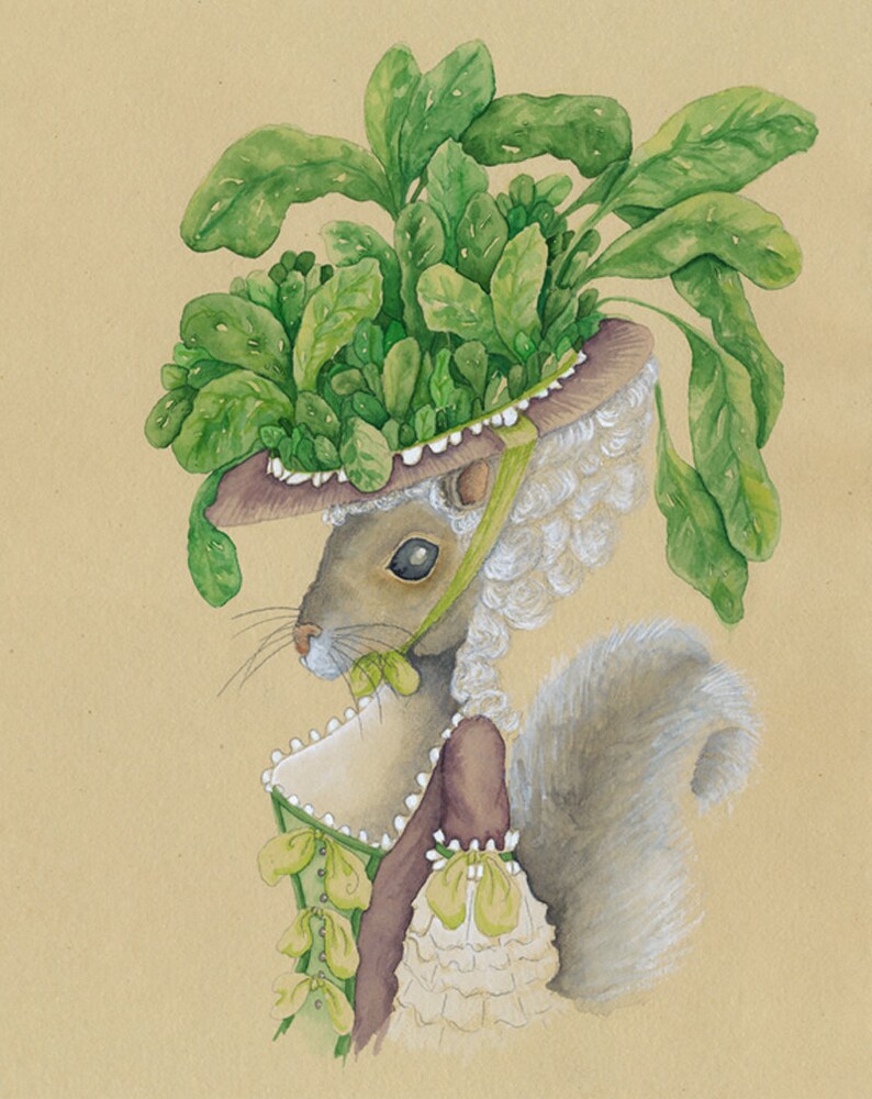 May include: A watercolor painting of a squirrel wearing a brown hat with green leafy plants growing out of it. The squirrel is wearing a brown and white dress with a white wig.