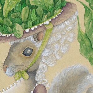 May include: A watercolor painting of a gray squirrel wearing a large hat made of green leaves. The squirrel has a white wig and is wearing a purple dress.