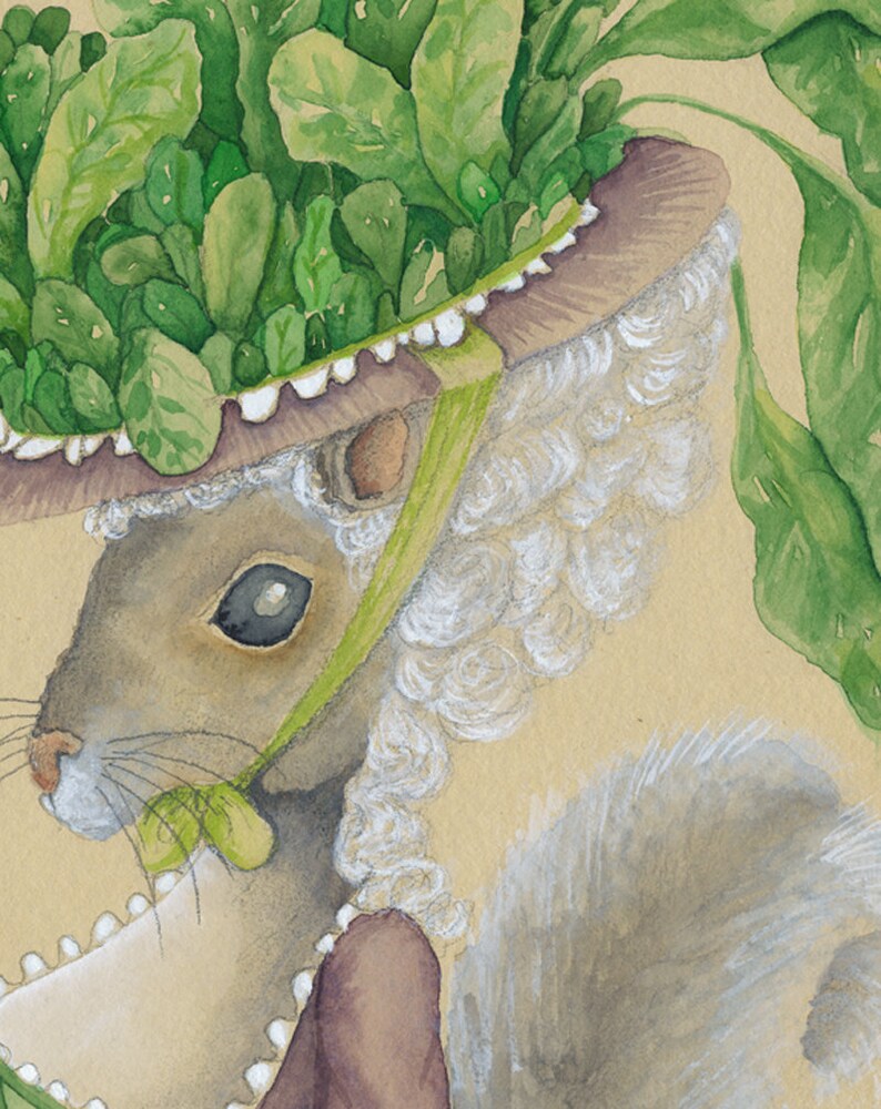 May include: A watercolor painting of a gray squirrel wearing a large hat made of green leaves. The squirrel has a white wig and is wearing a purple dress.