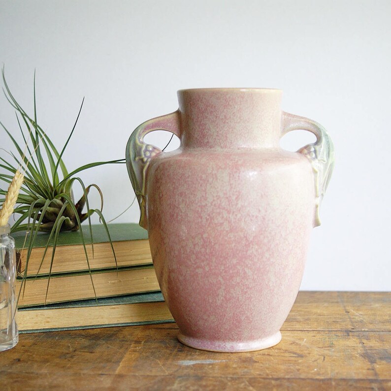 Vintage Roseville Tuscany Vase Pink Glaze Leaf Scroll Handles Etsy