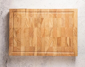 Thick Wooden Butcher Block with Juice Groove, End Grain Oak Cutting Board, Kitchen Chopping Board, BBQ Hardwood Board, Housewarming Gift