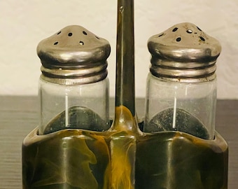 MCM Marbled Bakelite Salt and Pepper Shaker Caddy