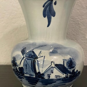 Blue and White Delft Vase with Windmill and Farmhouse, Holland, 4” Tall, Windmill Delft Vase Holland