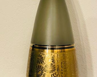 Mid Century Modern Glass Decanter, Smoke Gray with Gold Floral Design, No Stopper