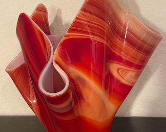 Red and White Swirled Art Glass Handkerchief Vase, 7” Tall
