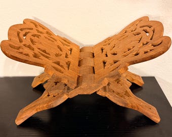 Intricately Hand Carved Wooden Book Stand, Floral and Leaf Pattern, Made in India