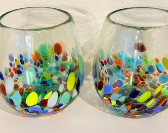 Set of 2 Handblown Art Glass Rainbow Confetti Cups, Made in Mexico, Stemless Wine Glasses