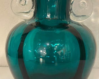 Vintage Handblown Turquoise Glass Vase with Clear Applied Handles and Round Bottom, 5.25” Tall