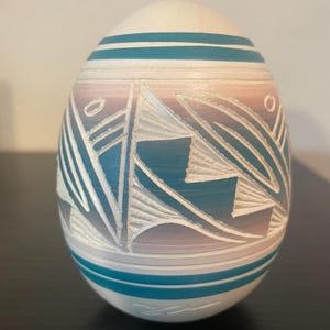 Vintage Navajo Ceramic Egg with Southwestern Geometric Design in Teal, Purple, and Pink, Signed by the Artist, 4” Tall, approx 2.5” Wide
