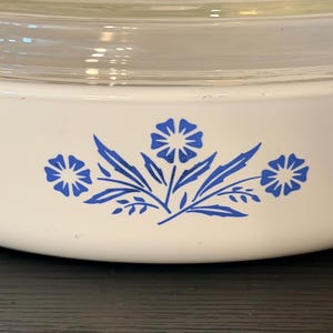 Könnte beinhalten: Weiße Auflaufform mit einem Deckel aus klarem Glas. Die Form hat ein blaues Blumenmuster an der Seite. Die Form ist wahrscheinlich aus Keramik und eignet sich zum Backen und Servieren. Durchmesser ca. 20 cm.