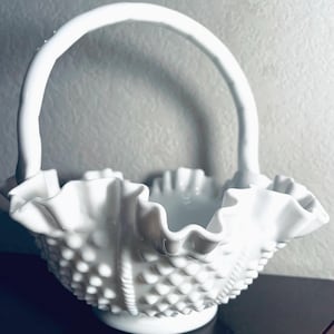 Fenton White Hobnail Milk Glass Basket - Crimped Edge, 8”