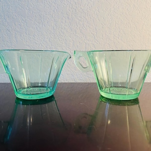Green Uranium Glass Cream and Sugar Set with Flower in the Bottom, Uranium Glass Creamer with Handle and Sugar Bowl with 2 Handles, UV Glow