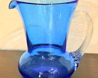 Handblown Blue Art Glass Pitcher, Creamer with Clear Ribbed Handle, 3.5” Tall