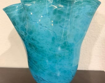 Handblown Turquoise Blue Confetti Glass Vase with Ruffled Rim, 7.5” Tall, 8” Rim