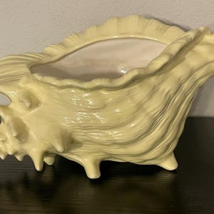 May include: A ceramic seashell planter in a pale yellow color. The planter is shaped like a conch shell with a textured surface and a smooth, off-white interior. It has three small feet for stability.