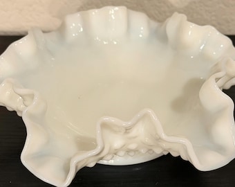 Fenton Hobnail Milk Glass Bonbon Dish, Crimped Edge Bowl, 3626 MI