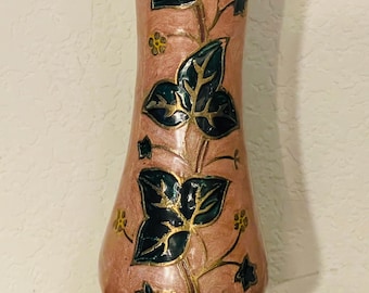 Vintage Enameled Brass Vase, Pink and Green Floral Ivy Design, Made in India