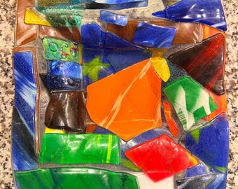 Abstract Mosaic Fused Glass Candy Dish, Plate 7” x 7” Wide, 1” Deep