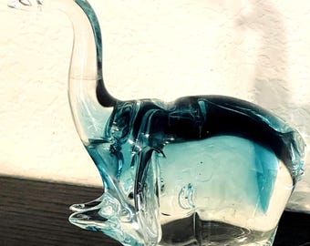 Turquoise Art Glass Elephant Figurine, Good Luck Paperweight
