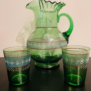 Vintage Green Handpainted Glass Pitcher with Ruffled Edge and 2 Matching Green Handpainted Cups, Pitcher 10” Tall, Cups 3.75” Tall